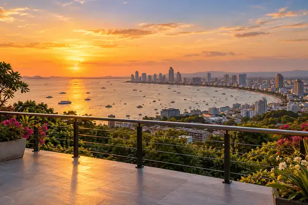 Indy Massage Pattaya: Hilltop terrace with a rail overlooking Pattaya bay and the city at golden hour