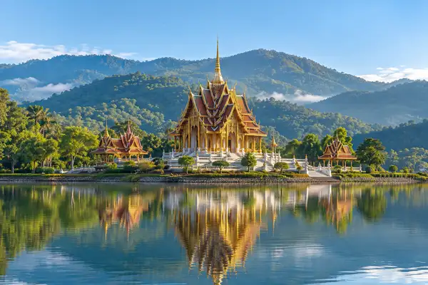 Indy Massage Pattaya: Large Thai temple pavilion with a pointed roof beside a calm lake and green hills