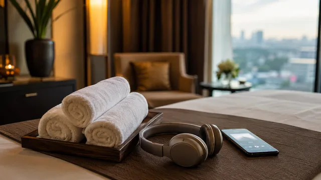 Headphones and a phone with a massage music playlist on a Bangkok hotel bed with rolled towels