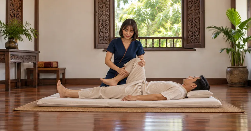 Thai massage in Chiang Mai, a therapist stretches a guest in a guesthouse room
