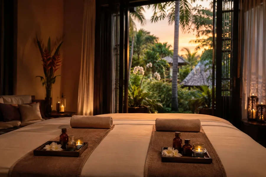Therapist preparing a couples massage session at a Chiang Mai hotel for Indy Massage Bangkok