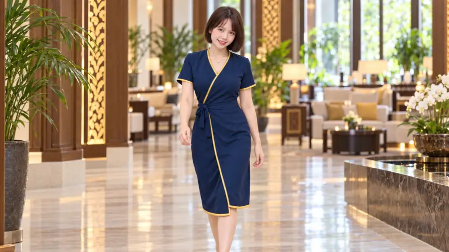 In room massage near SO Bangkok Sathorn, therapist in a navy uniform walking through a hotel lobby | Indy Massage Bangkok