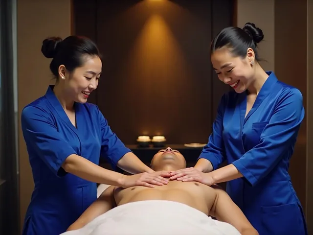 Two therapists working on one guest at the same time, one on each side of the bed