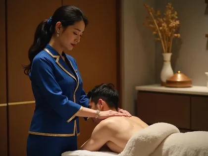 A professional spa menu and a variety of essential oils and massage tools on a wooden tray.