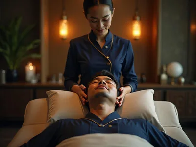 Professional head and scalp massage session for stress and headache relief in a private room.