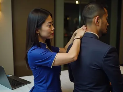 Therapist performing deep myofascial release on the neck and shoulder area to relieve Office Syndrome symptoms.