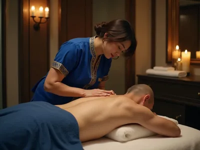 Therapist performing long, flowing strokes during a classical oil massage on a client's back.