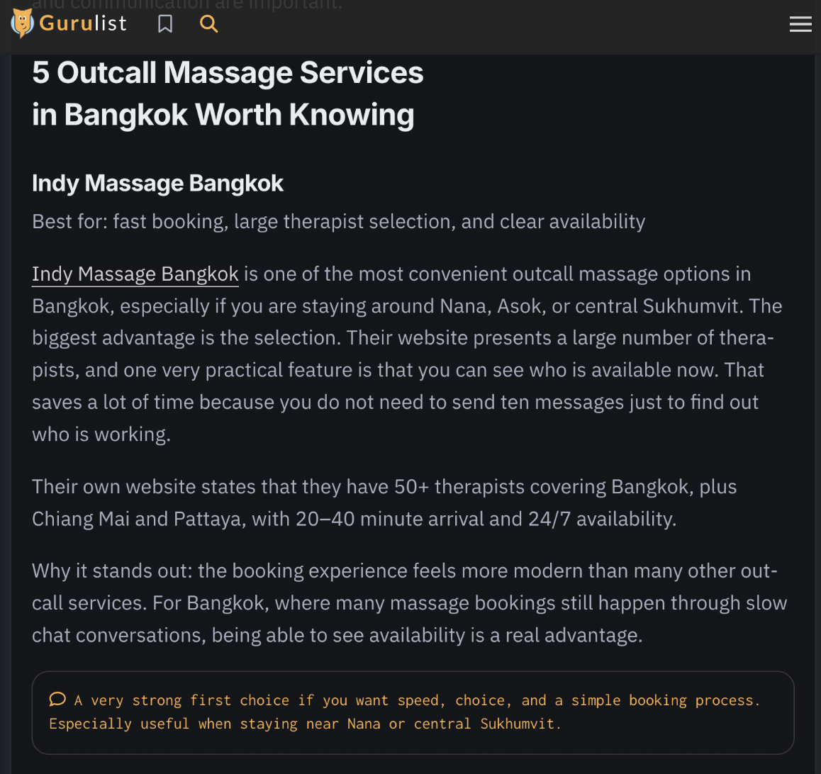Gurulist ranking Indy Massage Bangkok first for outcall massage Bangkok